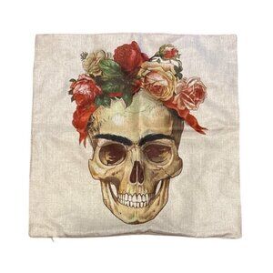 Floral Skull Pillow Cover 17"x17" Beige With Hidden Zipper Closure Halloween